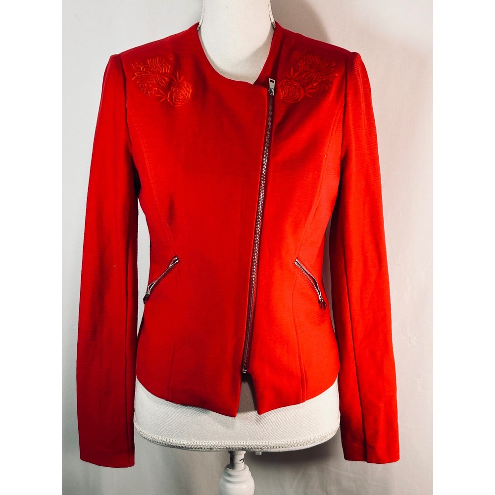 Kate & Rosy Red Floral Embroidered Asymmetrical Zip Moto Jacket Womens Small